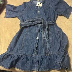 Cozy Casual Blue Denim Mini Dress with Waist Tie